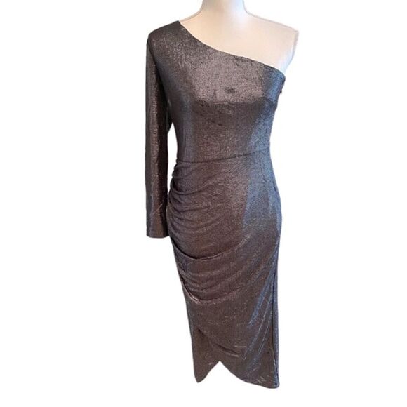 Aidan by Aidan Mattox Ruched Metallic One-Shoulder Dress Size US 6 - Picture 3 of 6